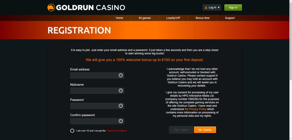 Registe-se no Casino GoldRun
