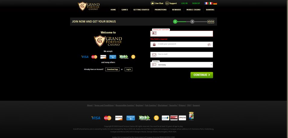 Registe-se no Casino Grand Fortune