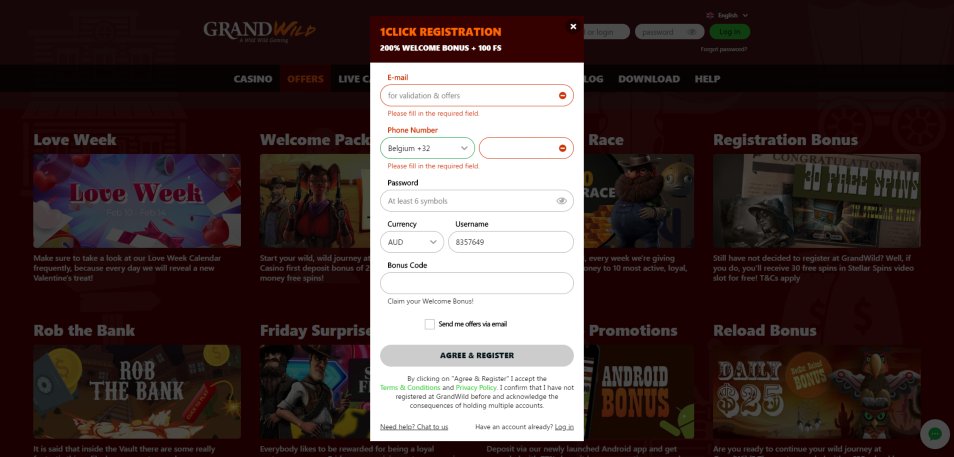 Registe-se no Casino GrandWild