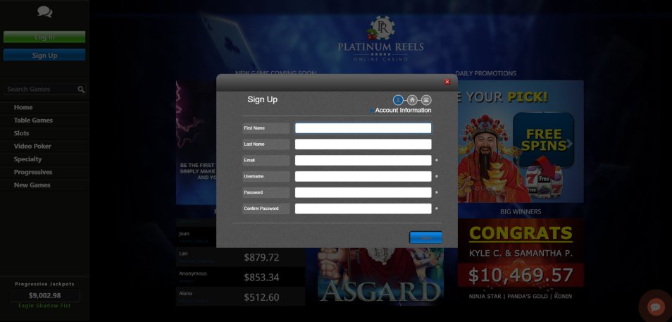 Registe-se no Casino Platinum Reels