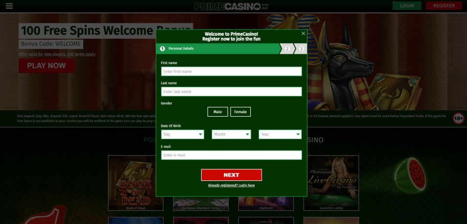 Registe-se no Casino Prime