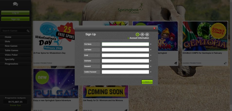 Registe-se no Casino Springbok