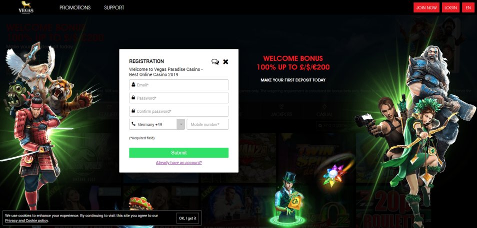 Registe-se no Casino Vegas Paradise