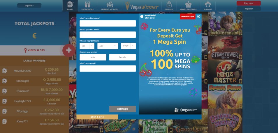 Registe-se no Casino Vegas Winner